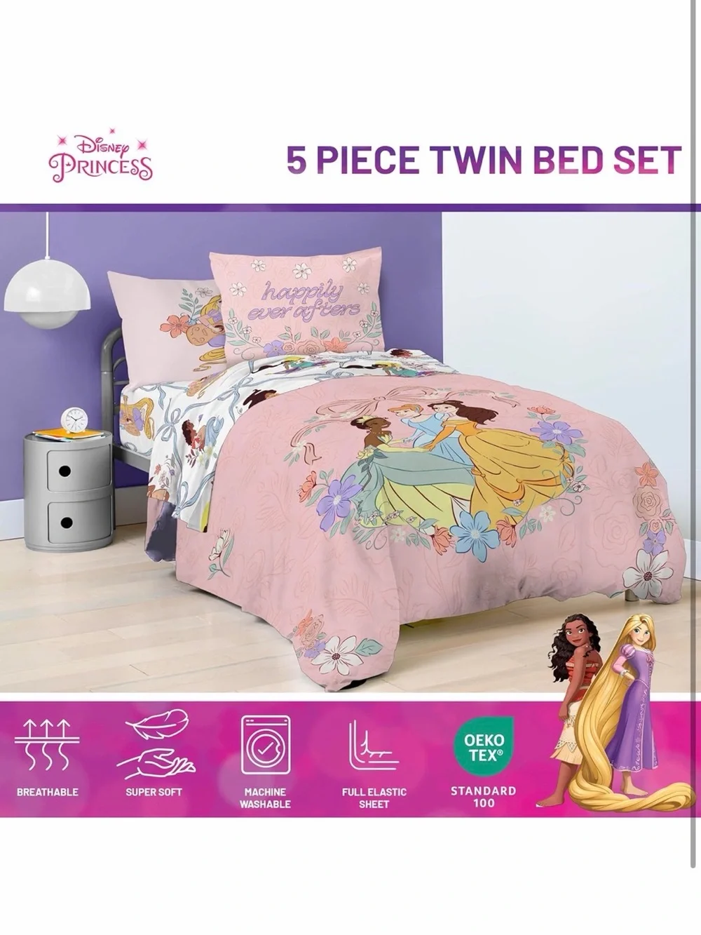 Pink Disney Princess👸Soft & Cozy 5 Pcs Twin Bed🛏️Set